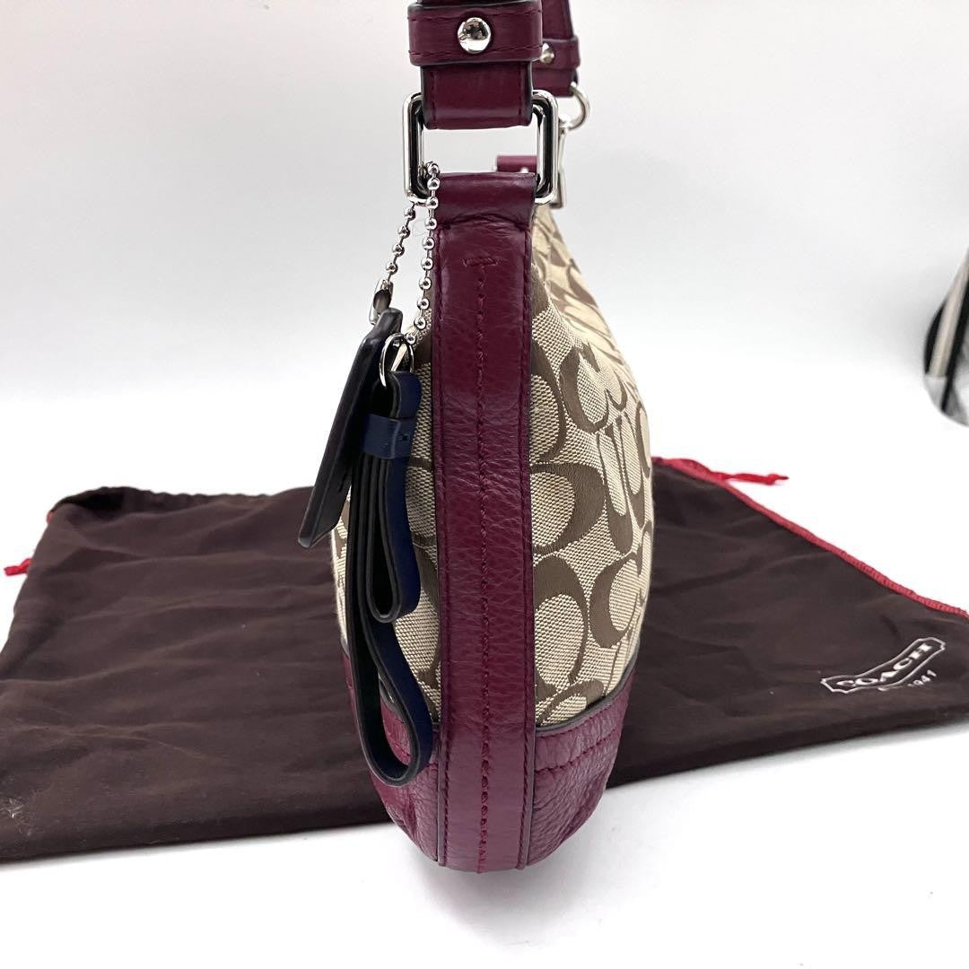 COACH Shoulder Bag Purse Signature Canvas Leather Beige Red Authentic