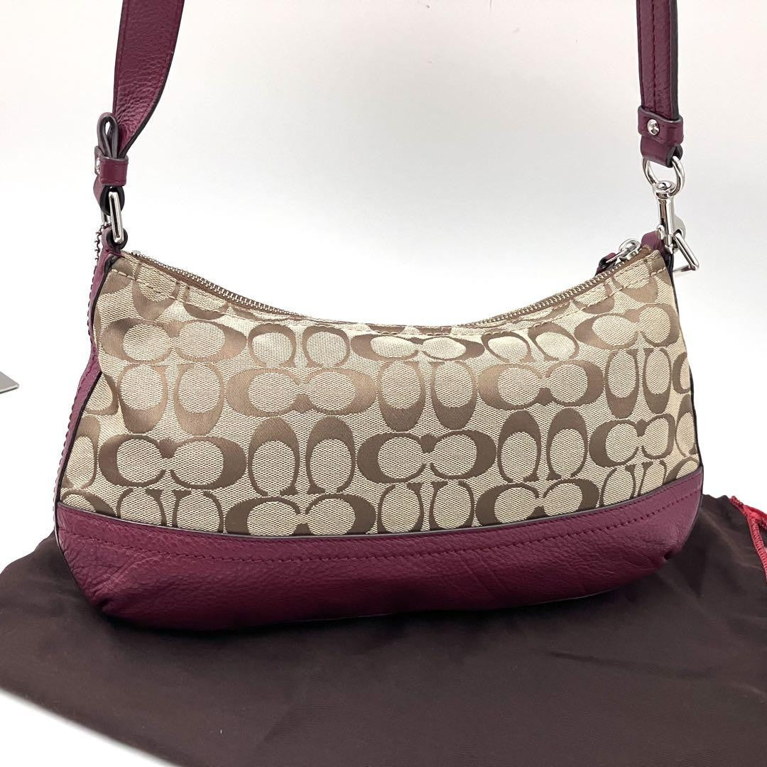 COACH Shoulder Bag Purse Signature Canvas Leather Beige Red Authentic