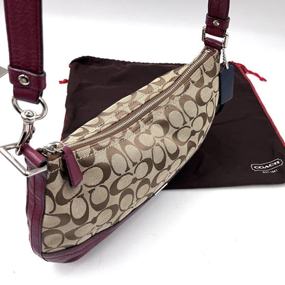 COACH Shoulder Bag Purse Signature Canvas Leather Beige Red Authentic