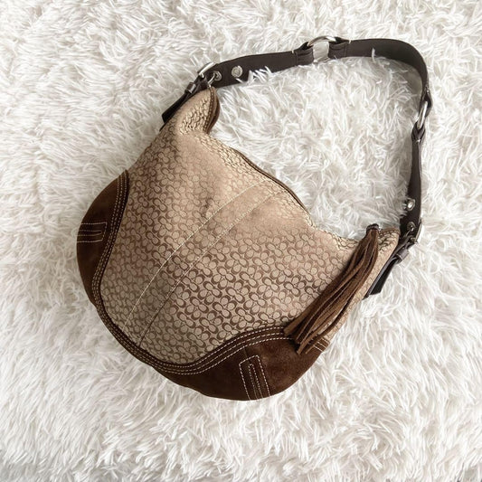 COACH Shoulder Bag Purse Signature Leather Suede Brown Authentic
