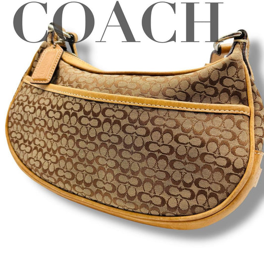 COACH Shoulder Bag Purse Signature Canvas Leather Beige Camel Authentic