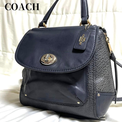 COACH Backpack Hand Shoulder Bag Purse 3way Turn Lock Leather Navy Auth