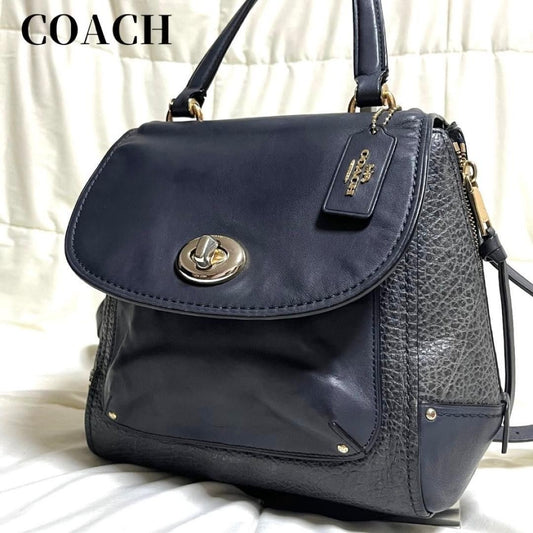 COACH Backpack Hand Shoulder Bag Purse 3way Turn Lock Leather Navy Auth