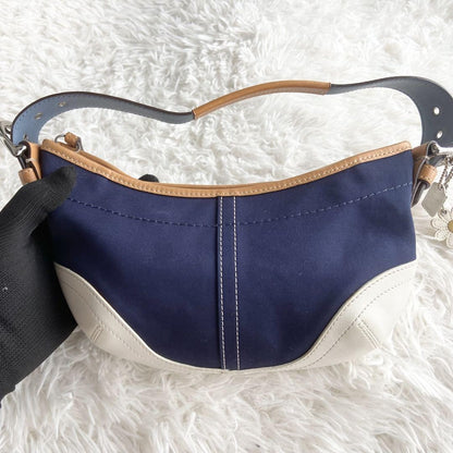 COACH Shoulder Bag Purse Canvas Leather Navy White Authentic