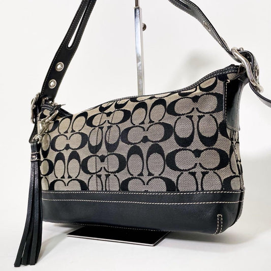 COACH Shoulder Bag Purse Signature 9363 Canvas Leather Navy Authentic