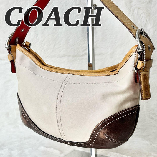 COACH Shoulder Bag Purse Canvas Leather Off White Brown Authentic