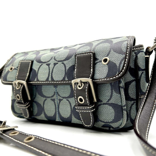 COACH Shoulder Bag Purse Signature Canvas Leather Navy Brown Authentic