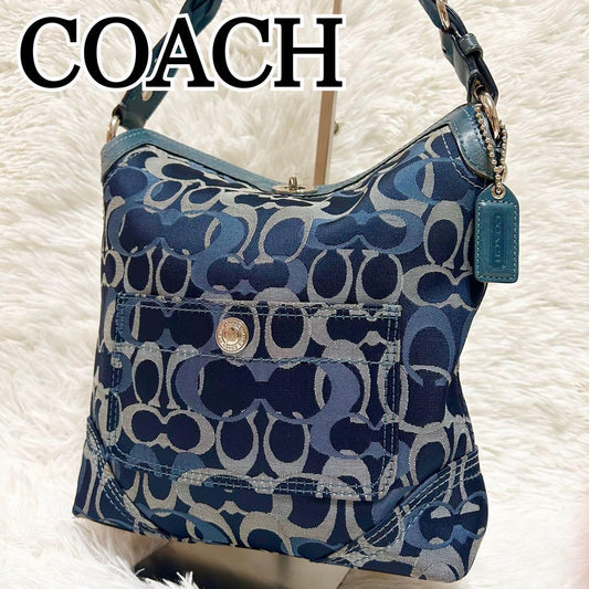 COACH Shoulder Bag Purse Signature Canvas Leather Blue Navy Authentic