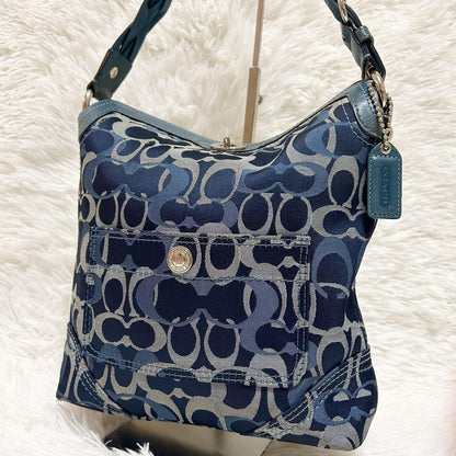 COACH Shoulder Bag Purse Signature Canvas Leather Blue Navy Authentic