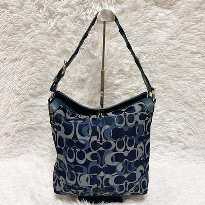 COACH Shoulder Bag Purse Signature Canvas Leather Blue Navy Authentic