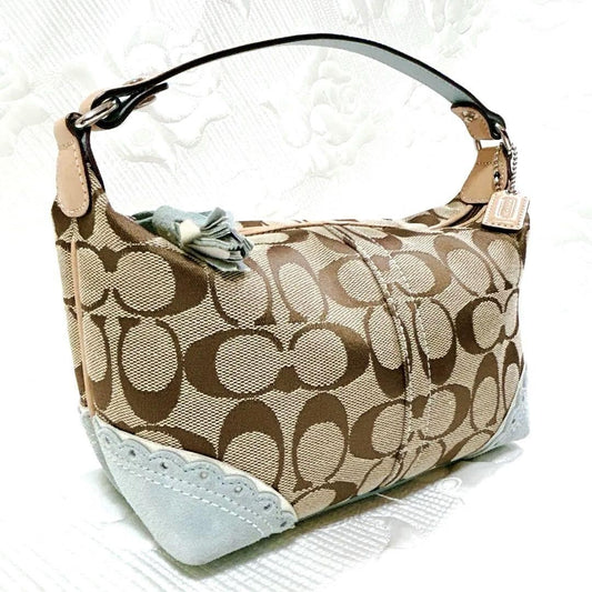 COACH Accessory Pouch Shoulder Bag Purse Signature Canvas Suede Brown Blue Auth
