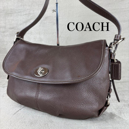 COACH Shoulder Bag Purse Turn Lock Leather Dark Brown Authentic