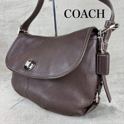COACH Shoulder Bag Purse Turn Lock Leather Dark Brown Authentic
