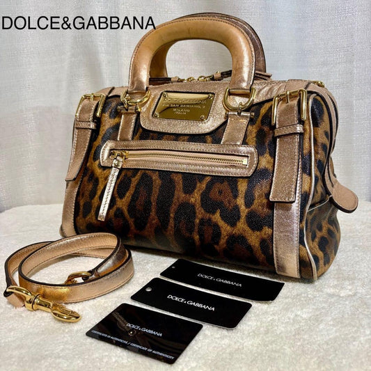 Dolce & Gabbana Hand Bag Tote Purse 2way Leopard PVC Leather Brown Pink Gold
