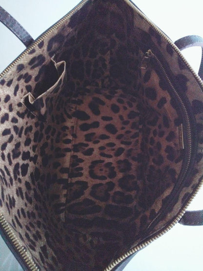 Dolce & Gabbana Hand Bag Tote Purse Leopard Leather Dark Brown Authentic