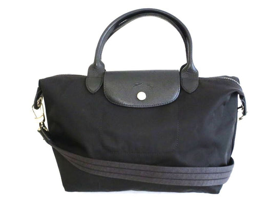 Longchamp Hand Shoulder Bag Tote Purse 2way Le Pliage Nylon Leather Black Auth