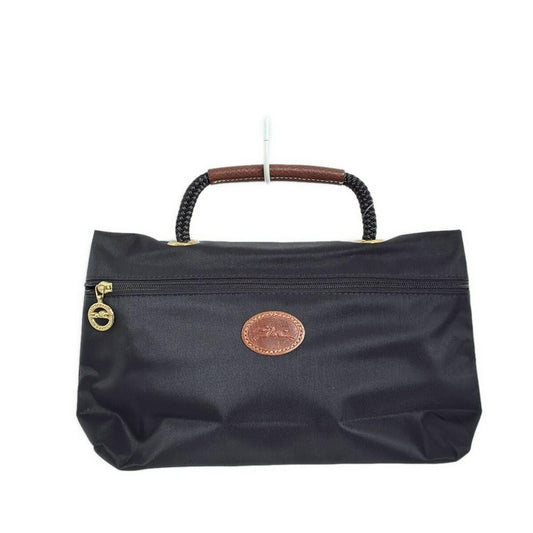 Longchamp Hand Bag Tote Purse Nylon Leather Black Dark Brown Authentic