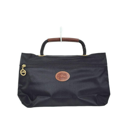 Longchamp Hand Bag Tote Purse Nylon Leather Black Dark Brown Authentic