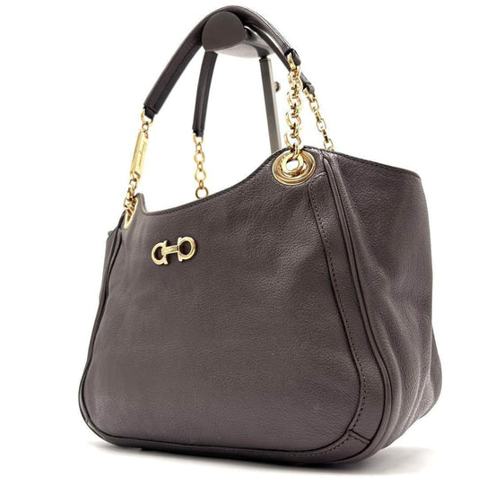 Salvatore Ferragamo Hand Bag Tote Purse Gancini Chain Leather Greige Authentic
