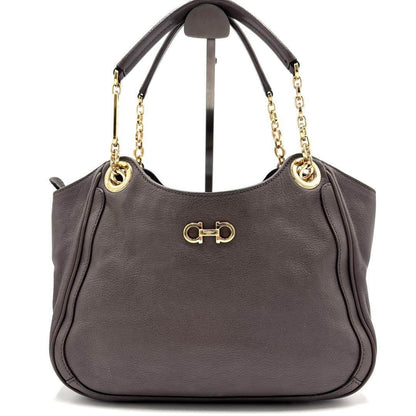 Salvatore Ferragamo Hand Bag Tote Purse Gancini Chain Leather Greige Authentic