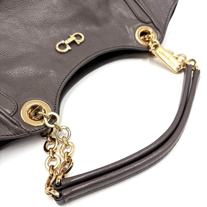 Salvatore Ferragamo Hand Bag Tote Purse Gancini Chain Leather Greige Authentic