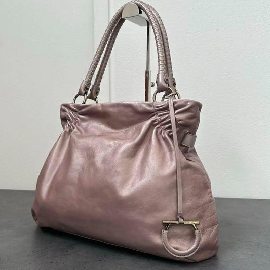Salvatore Ferragamo Hand Bag Tote Purse Gancini Leather Pink Champagne Gold Auth