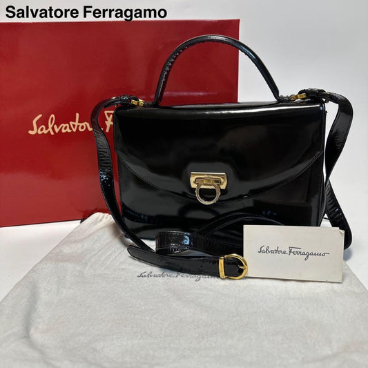 Salvatore Ferragamo Hand Shoulder Bag Purse 2way Gancini Patent Leather Black