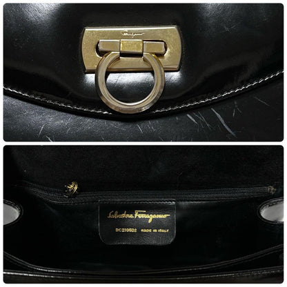 Salvatore Ferragamo Hand Shoulder Bag Purse 2way Gancini Patent Leather Black
