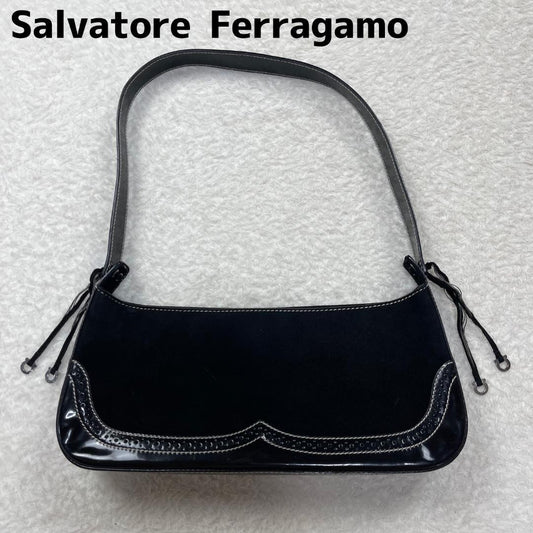 Salvatore Ferragamo Hand Bag Tote Purse Suede Patent Leather Black Authentic