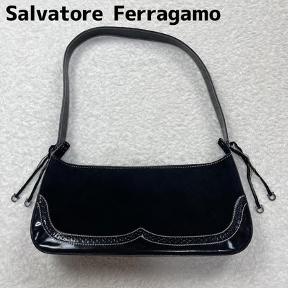Salvatore Ferragamo Hand Bag Tote Purse Suede Patent Leather Black Authentic