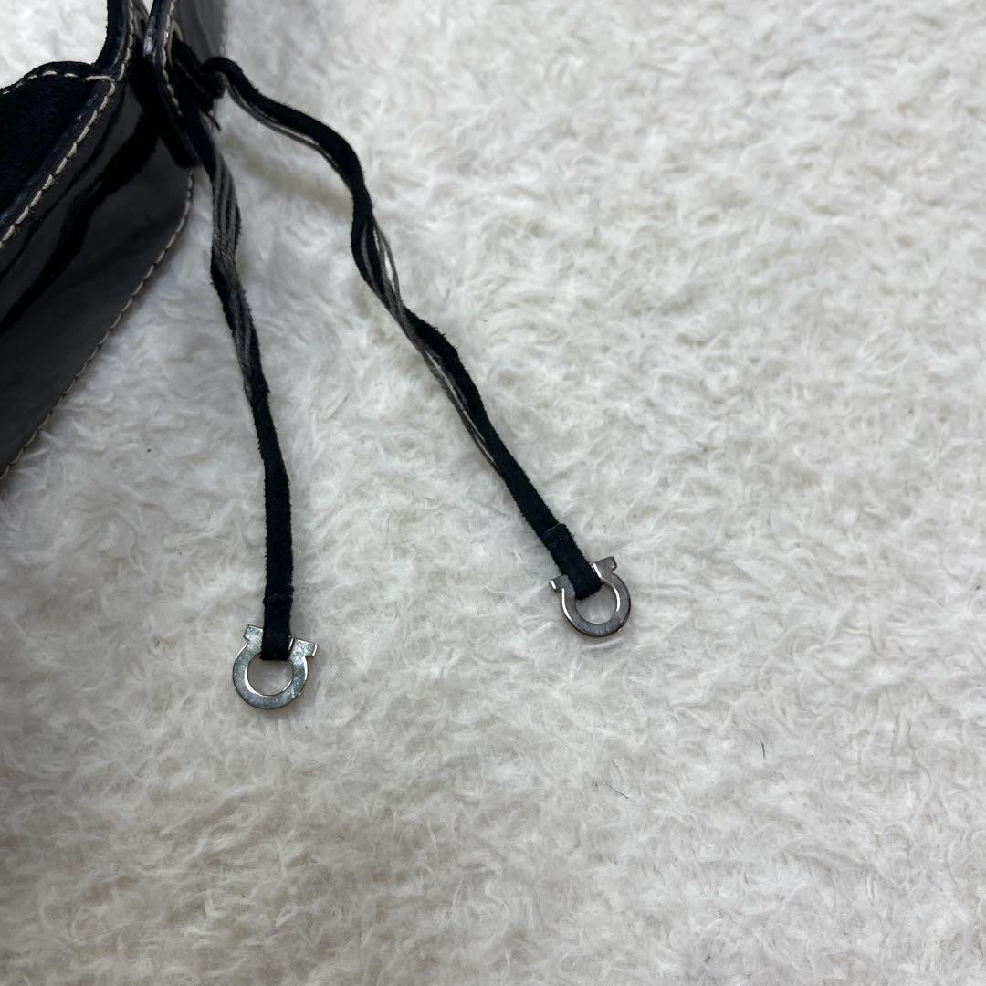 Salvatore Ferragamo Hand Bag Tote Purse Suede Patent Leather Black Authentic