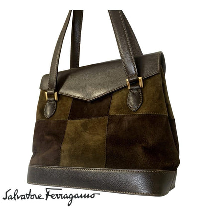 Salvatore Ferragamo Hand Shoulder Bag Purse 2way Gancini Suede Leather Brown