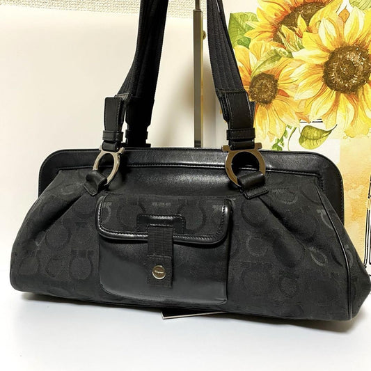 Salvatore Ferragamo Hand Bag Tote Purse Mini Boston Gancini Leather Canvas Black