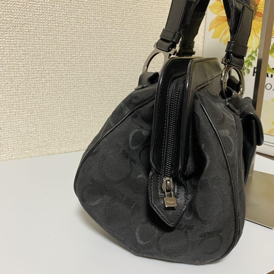 Salvatore Ferragamo Hand Bag Tote Purse Mini Boston Gancini Leather Canvas Black