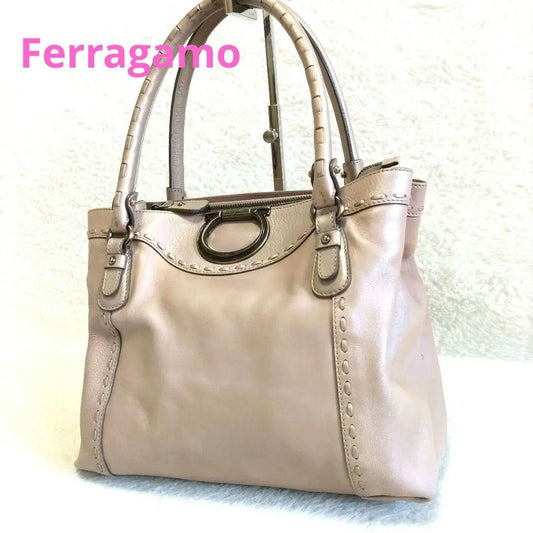 Salvatore Ferragamo Hand Bag Tote Purse Gancini Leather Pink Beige Authentic