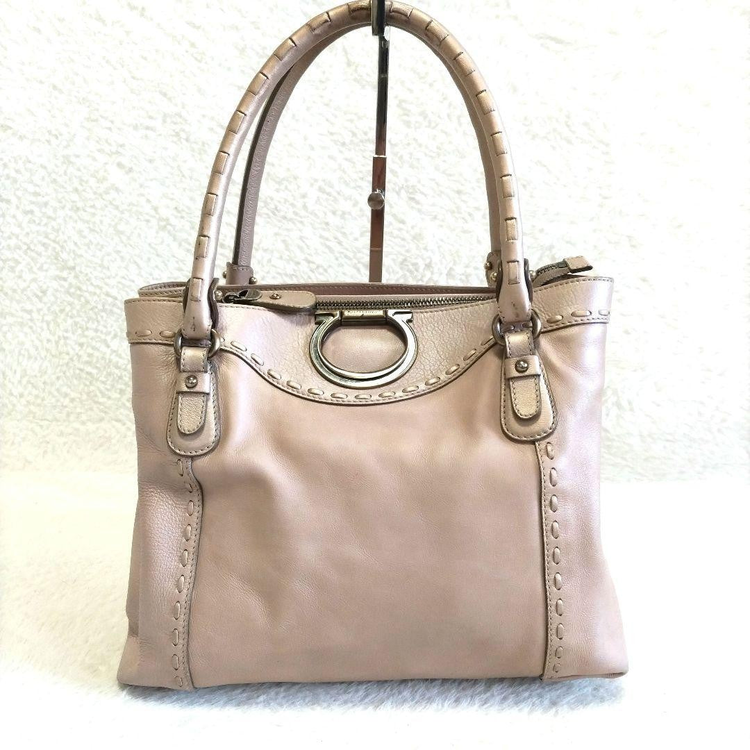 Salvatore Ferragamo Hand Bag Tote Purse Gancini Leather Pink Beige Authentic