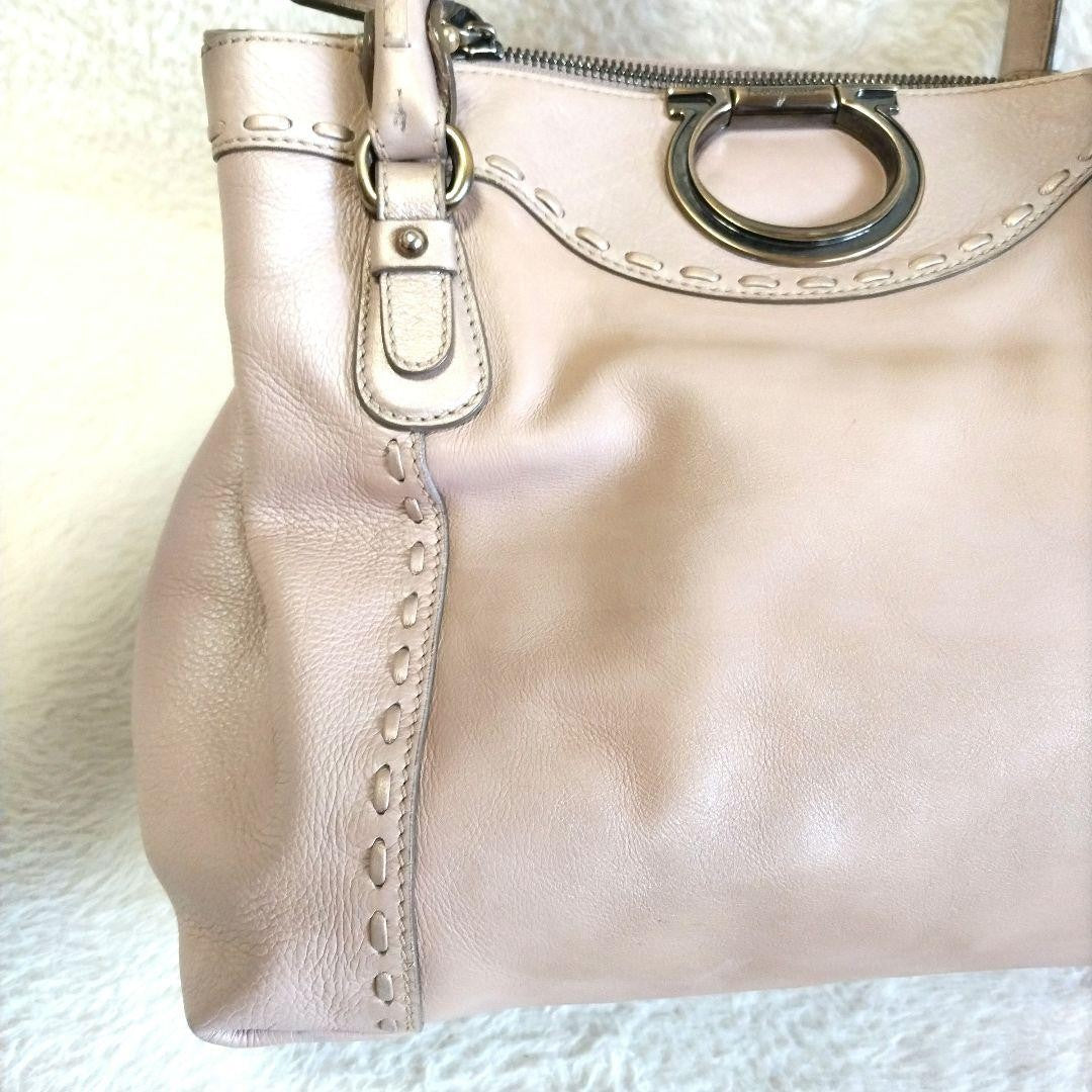 Salvatore Ferragamo Hand Bag Tote Purse Gancini Leather Pink Beige Authentic