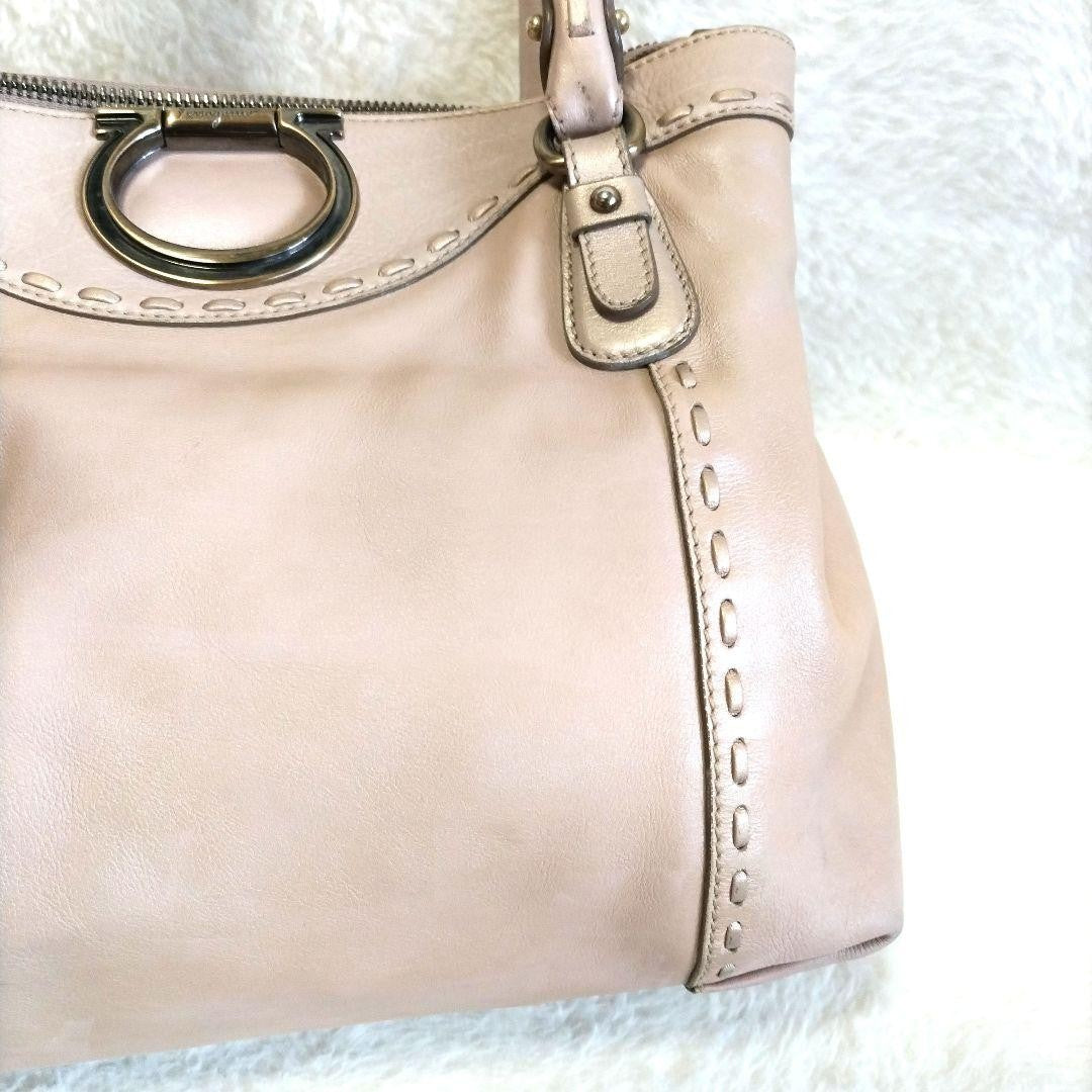 Salvatore Ferragamo Hand Bag Tote Purse Gancini Leather Pink Beige Authentic