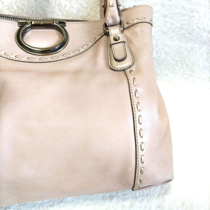 Salvatore Ferragamo Hand Bag Tote Purse Gancini Leather Pink Beige Authentic