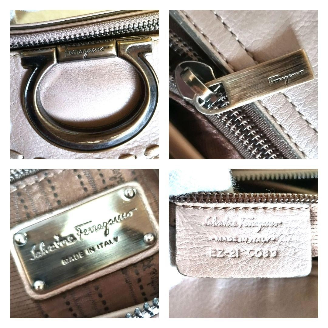 Salvatore Ferragamo Hand Bag Tote Purse Gancini Leather Pink Beige Authentic