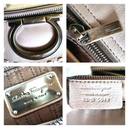 Salvatore Ferragamo Hand Bag Tote Purse Gancini Leather Pink Beige Authentic