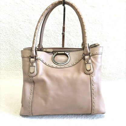Salvatore Ferragamo Hand Bag Tote Purse Gancini Leather Pink Beige Authentic