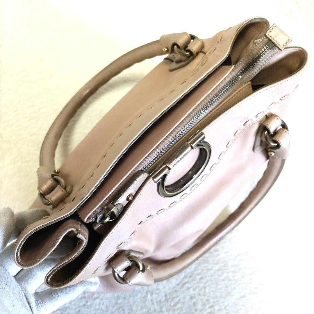Salvatore Ferragamo Hand Bag Tote Purse Gancini Leather Pink Beige Authentic