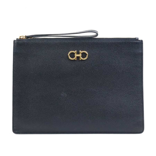 Salvatore Ferragamo Clutch Bag Second Bag Gancini Leather Black Authentic