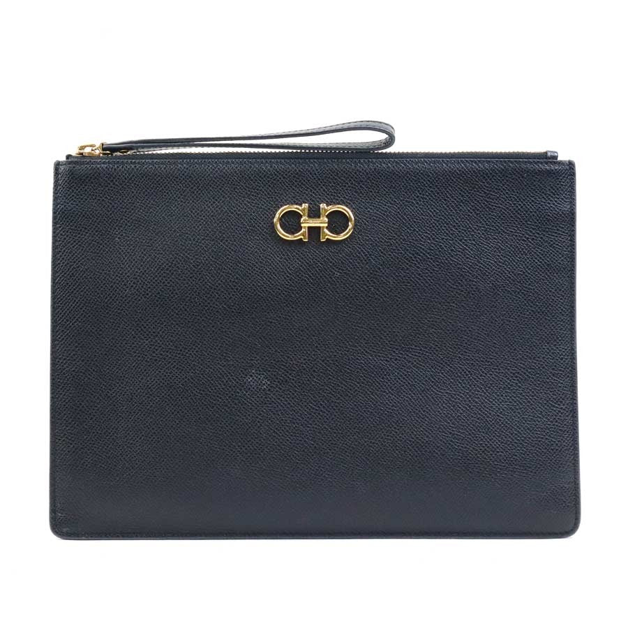 Salvatore Ferragamo Clutch Bag Second Bag Gancini Leather Black Authentic