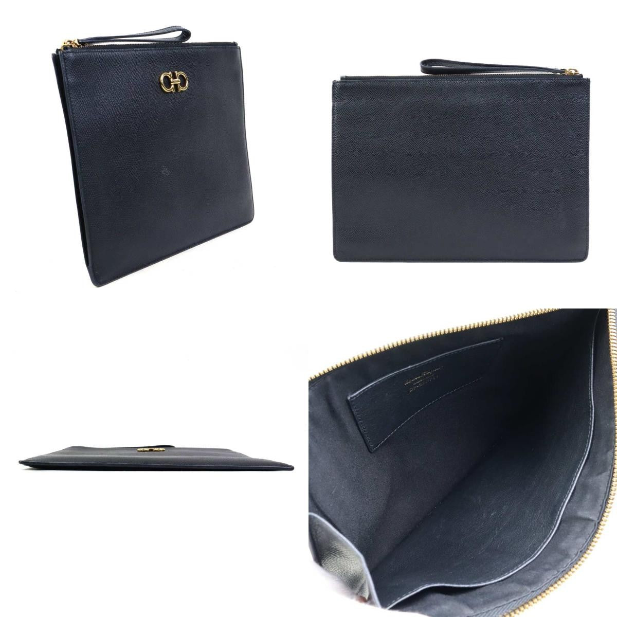 Salvatore Ferragamo Clutch Bag Second Bag Gancini Leather Black Authentic