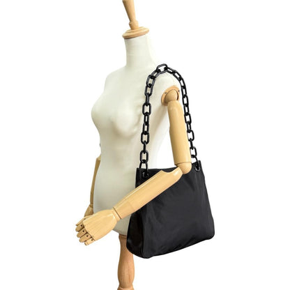 PRADA Shoulder Bag Purse Plastic Chain Nylon Leather Black Authentic