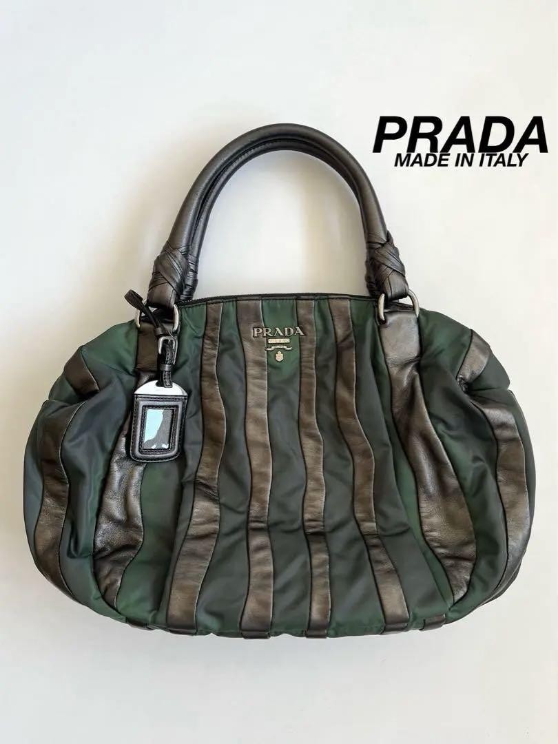 PRADA Hand Bag Tote Purse CRIMSON STRIPE Leather Black Green Authentic