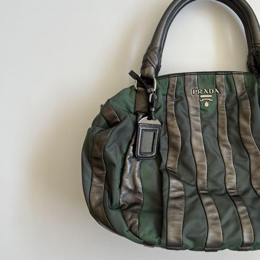 PRADA Hand Bag Tote Purse CRIMSON STRIPE Leather Black Green Authentic