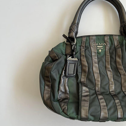 PRADA Hand Bag Tote Purse CRIMSON STRIPE Leather Black Green Authentic